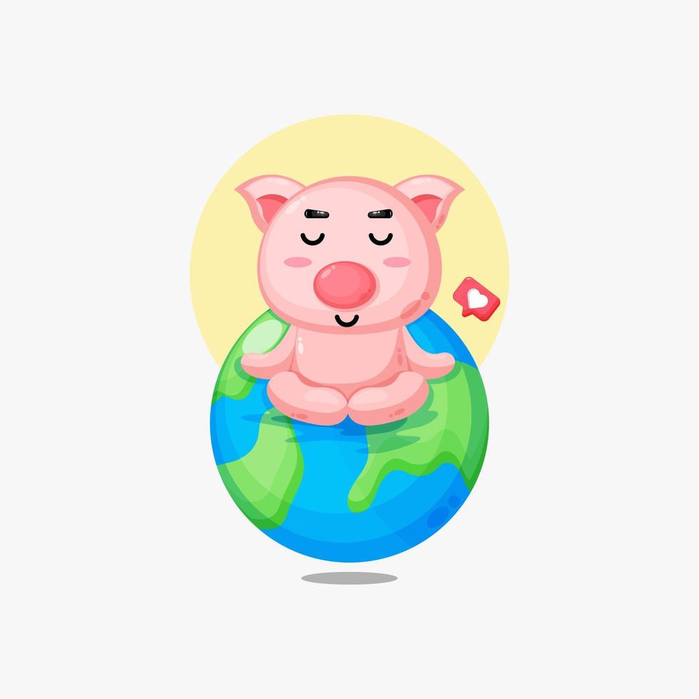 Cute pig meditating on earth illustration vector