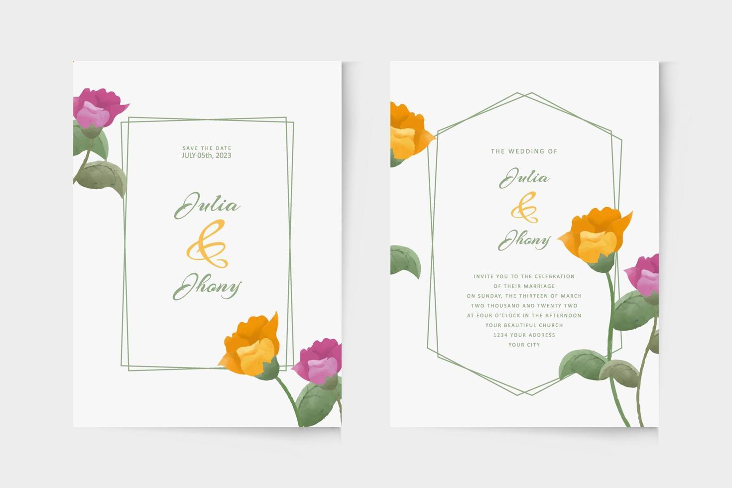 plantilla de invitación de boda moderna con adorno floral de acuarela vector