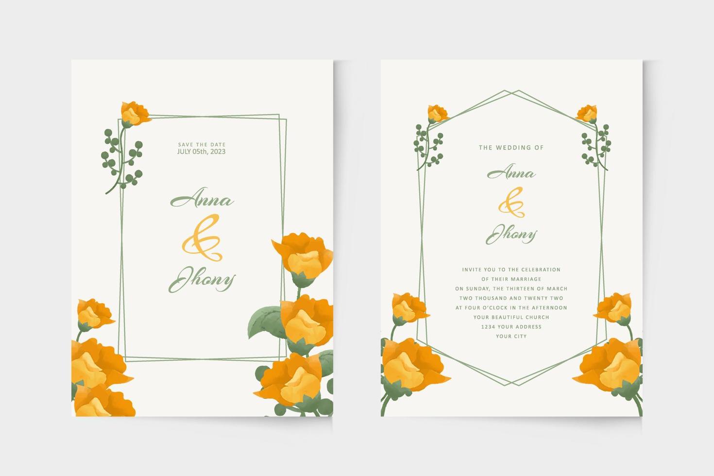 Modern wedding invitation template with yellow floral watercolor ornament vector