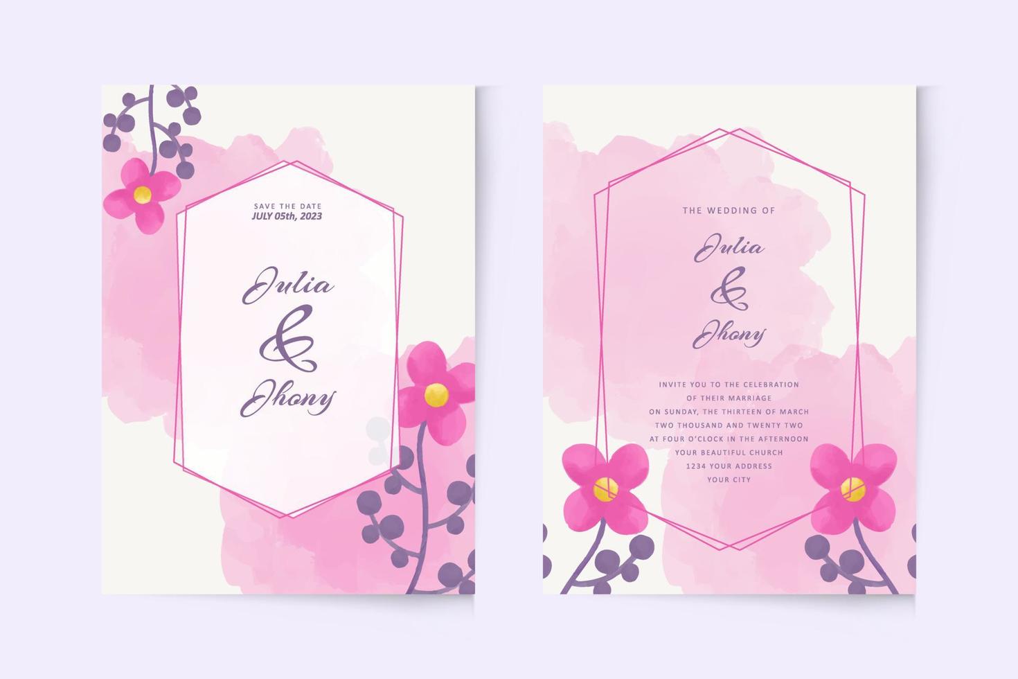 Watercolor simple pink floral wedding invitation template vector