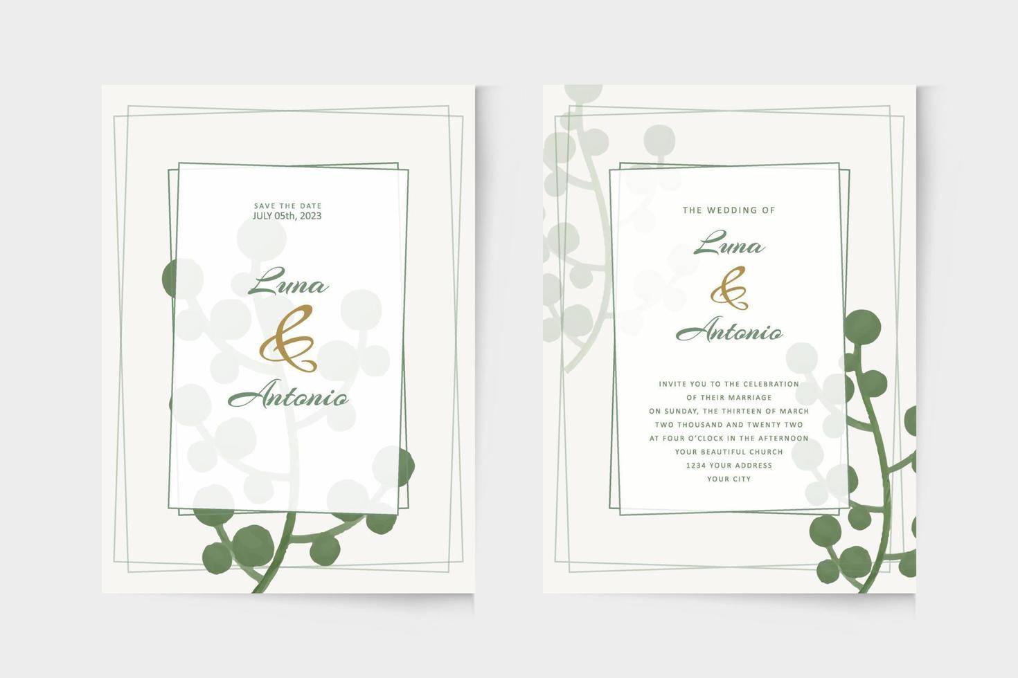 Simple wedding invitation template with green plant watercolor vector