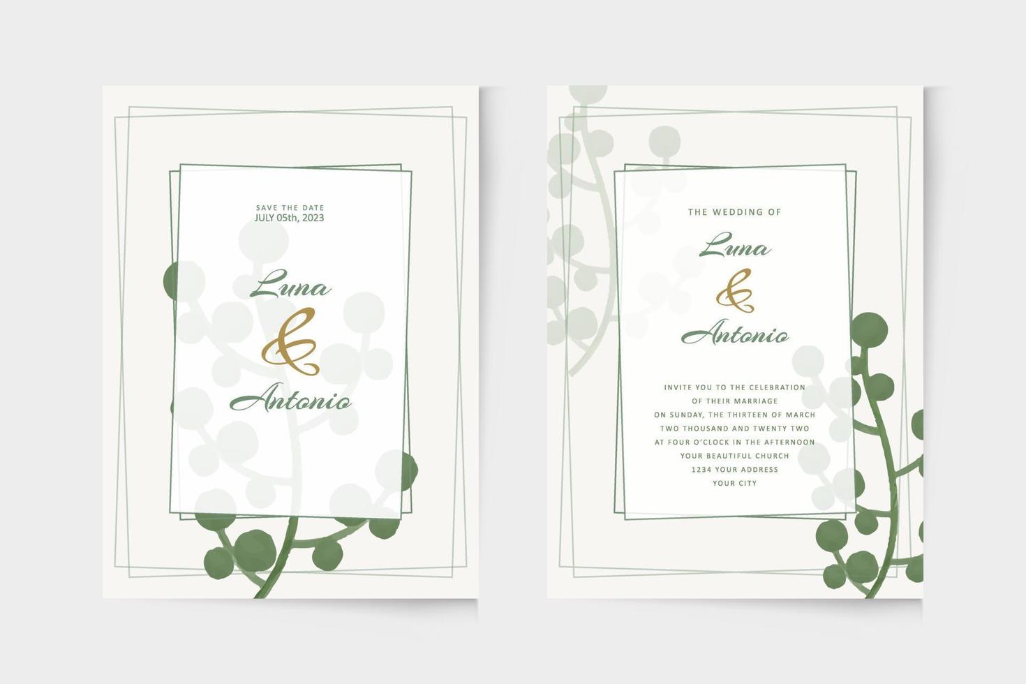 plantilla de invitación de boda simple con acuarela de planta verde vector