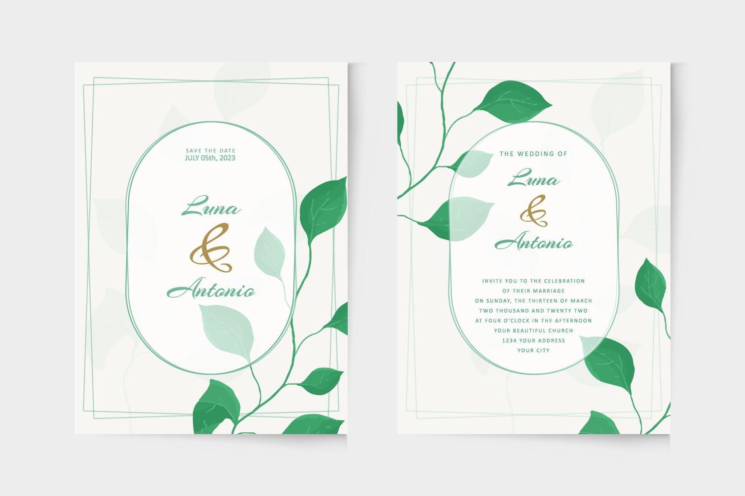 plantilla de invitación de boda con acuarela de hoja verde vector