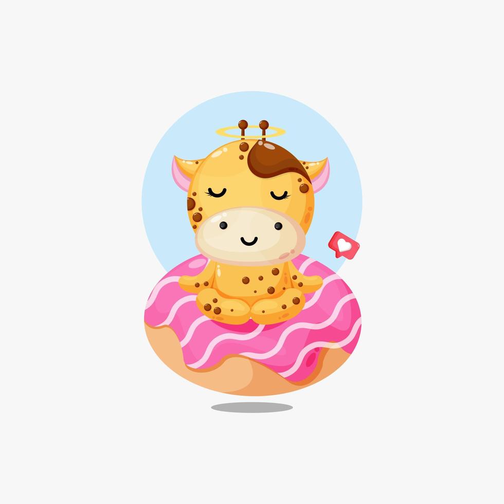 Cute giraffe doing yoga with donut illustration icon vector