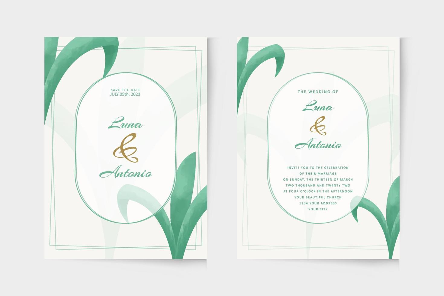 plantilla de invitación de boda con acuarela de planta verde vector