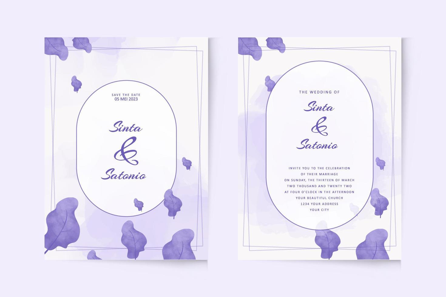 Simple wedding invitation template with purple leaf watercolor vector