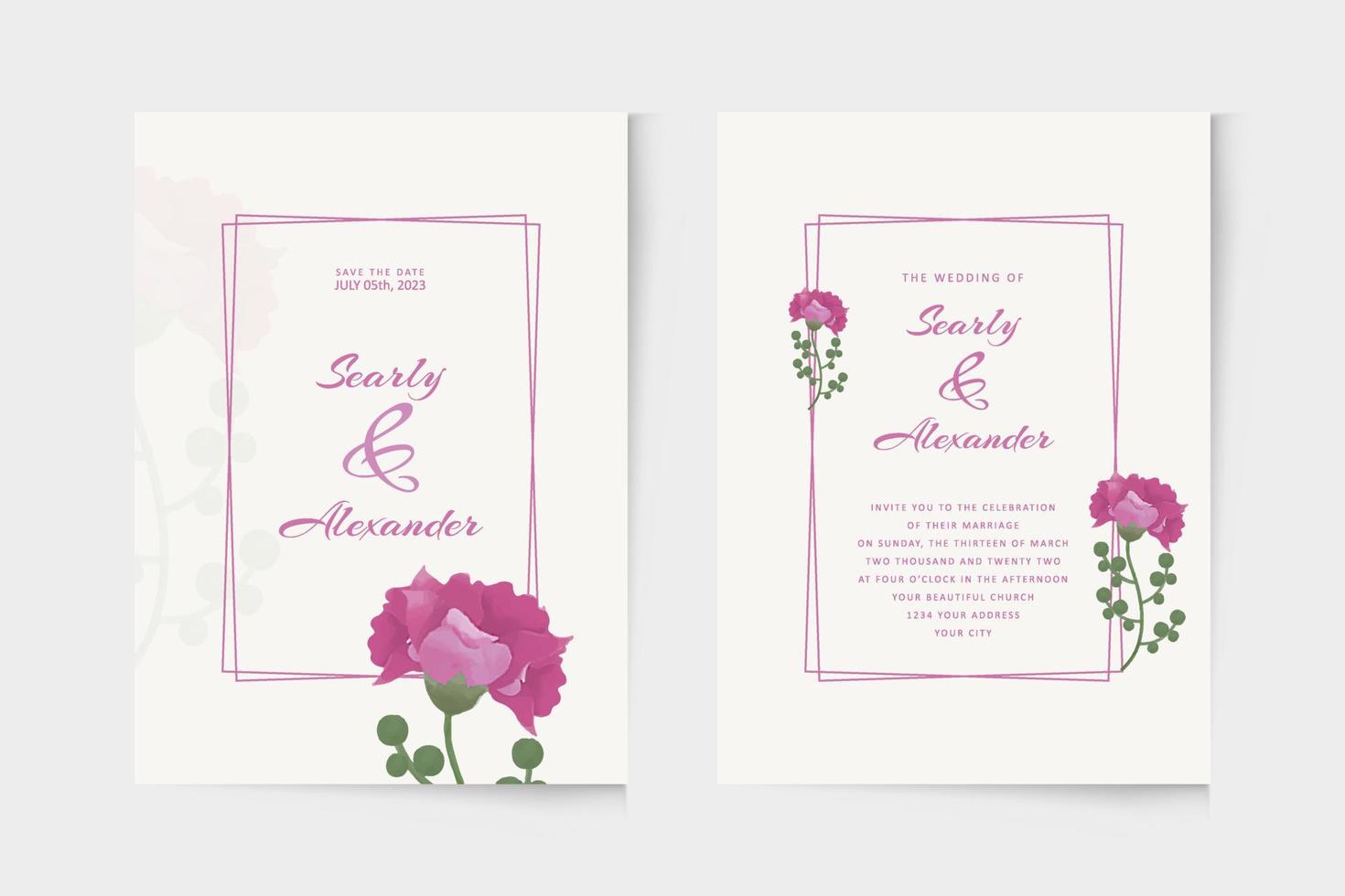 plantilla de invitación de boda moderna con adorno de acuarela floral púrpura vector