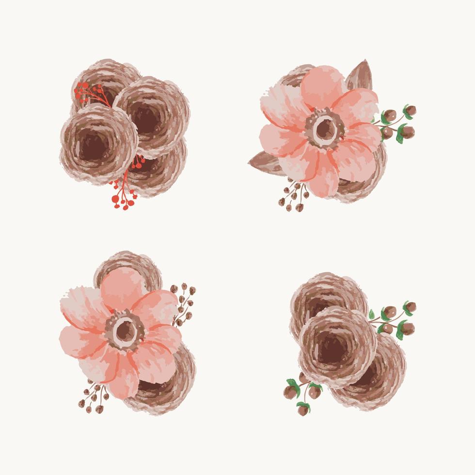 Watercolor pink and brown flowers vector