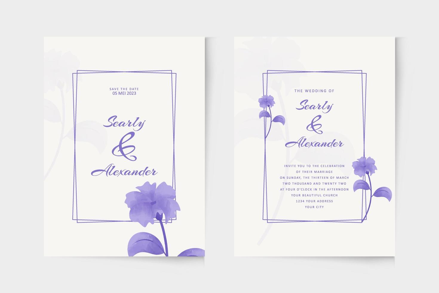 Simple wedding invitation template with purple flower watercolor vector