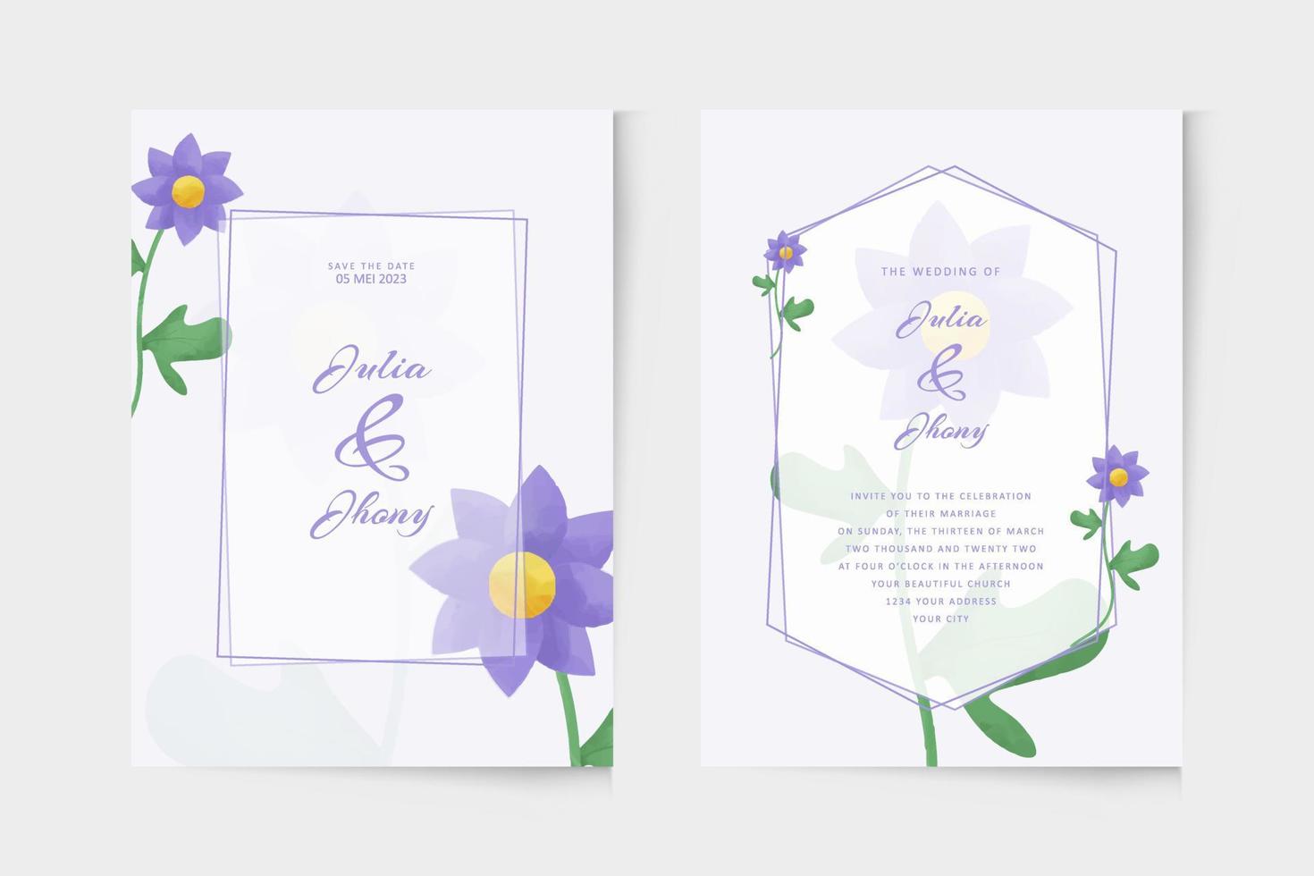 plantilla de invitación de boda simple con adorno de acuarela de flor morada vector