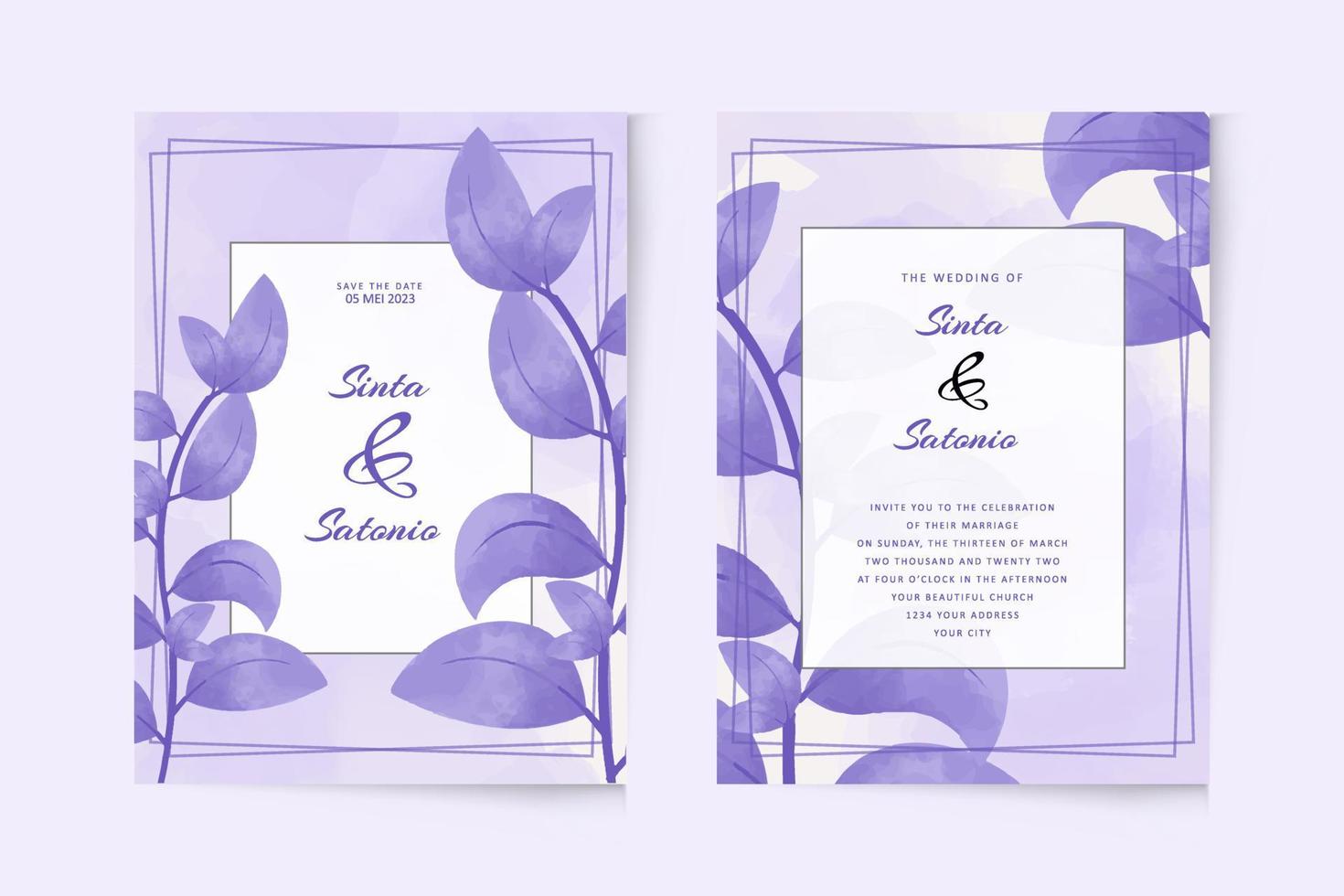 plantilla de invitación de boda simple con plantas moradas de acuarela vector