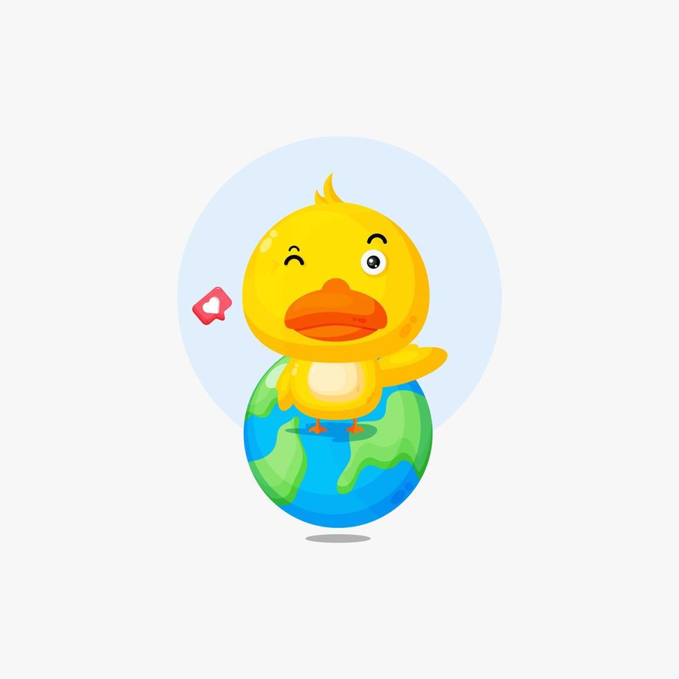 lindo personaje de pato en la ilustración del icono de la tierra vector