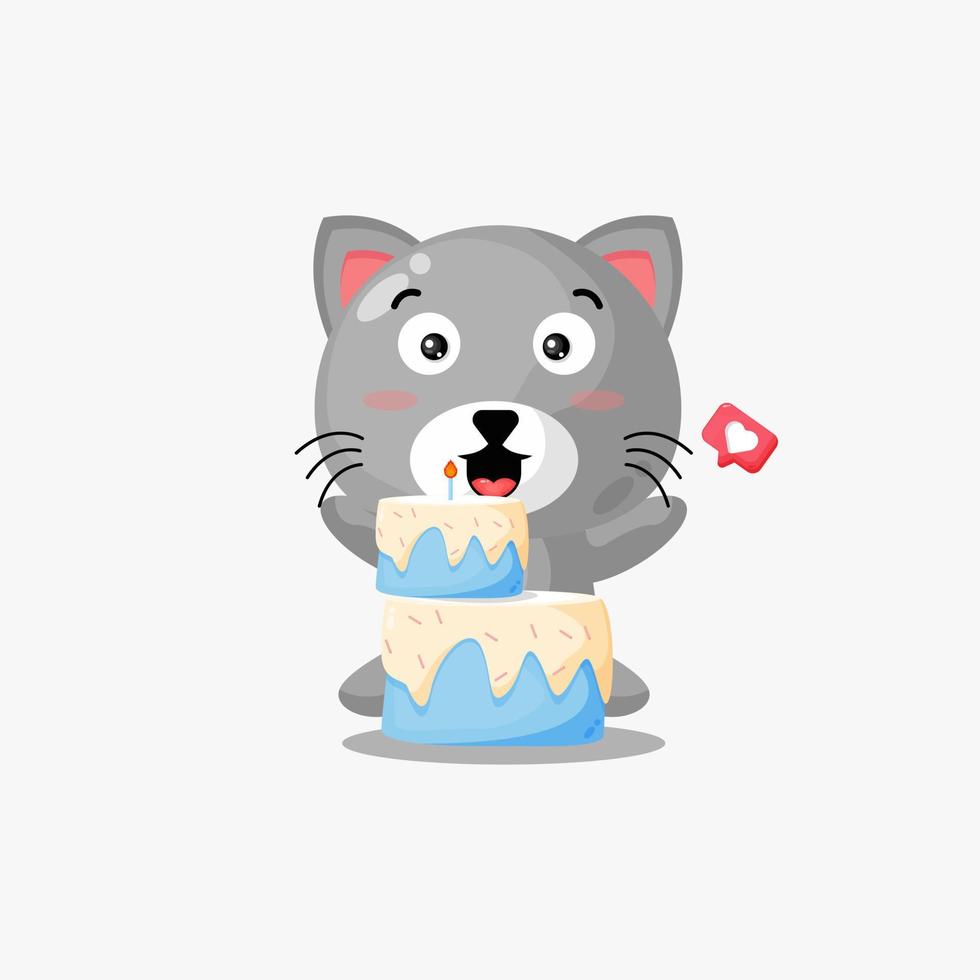 Cute cat with birthday cake cartoon illustration vector