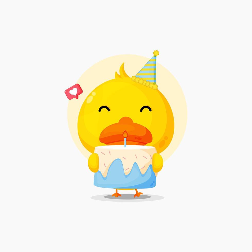 lindo personaje de pato con ilustración de icono de pastel de cumpleaños vector