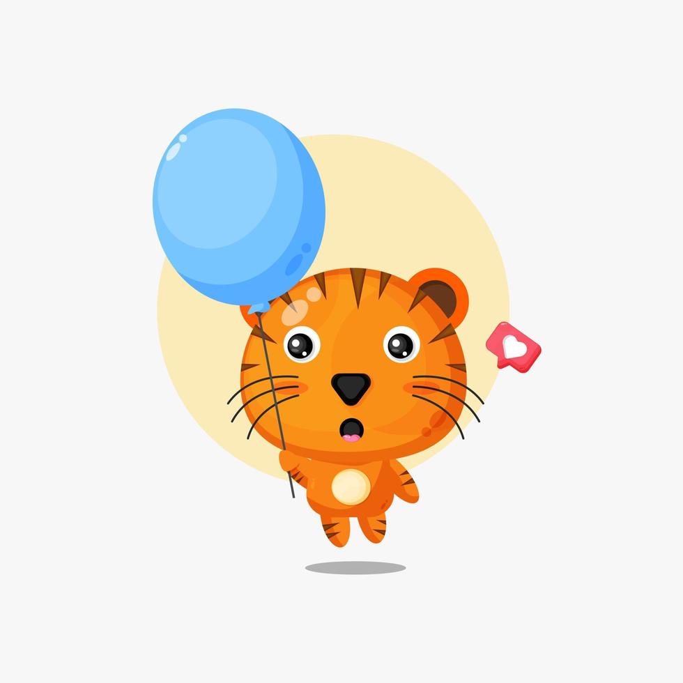 lindo tigre flotando con globo ilustración vector