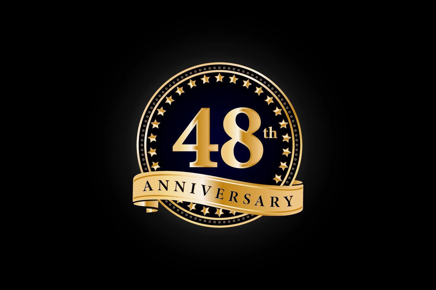 48th Anniversary golden gold logo with ring and gold ribbon isolated on black background, vector design for celebration.