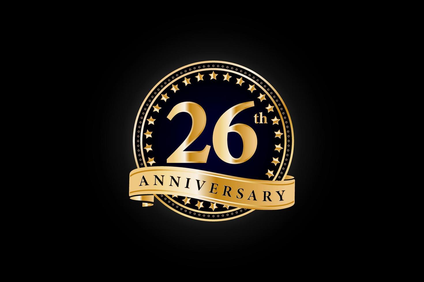 26th Anniversary golden gold logo with ring and gold ribbon isolated on black background, vector design for celebration.