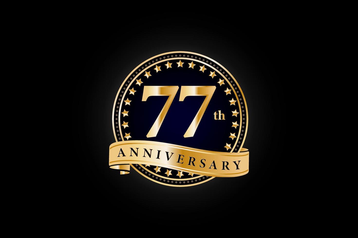 77th Anniversary golden gold logo with ring and gold ribbon isolated on black background, vector design for celebration.