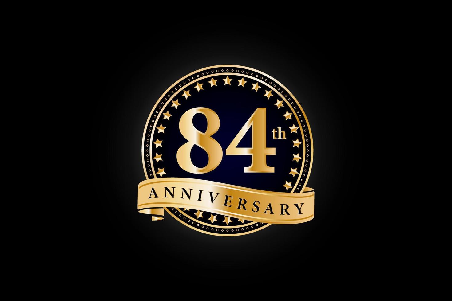 84th Anniversary golden gold logo with ring and gold ribbon isolated on