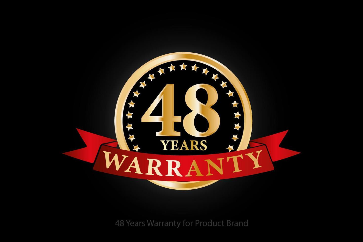 48 years golden warranty logo with ring and red ribbon isolated on black background, vector design for product warranty, guarantee, service, corporate, and your business.
