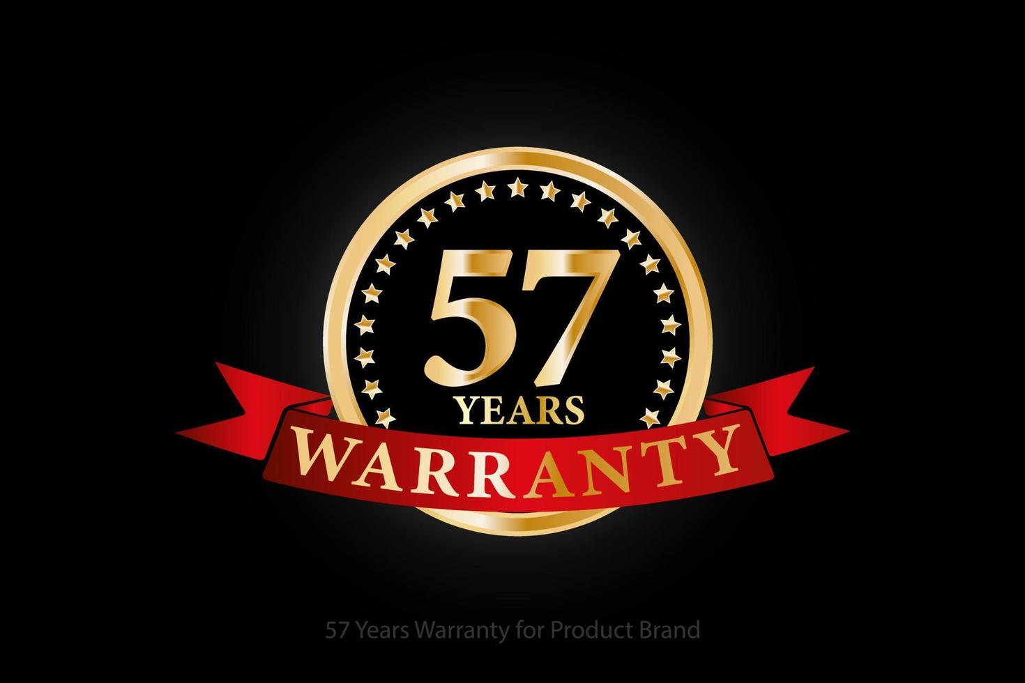 57 years golden warranty logo with ring and red ribbon isolated on black background, vector design for product warranty, guarantee, service, corporate, and your business.