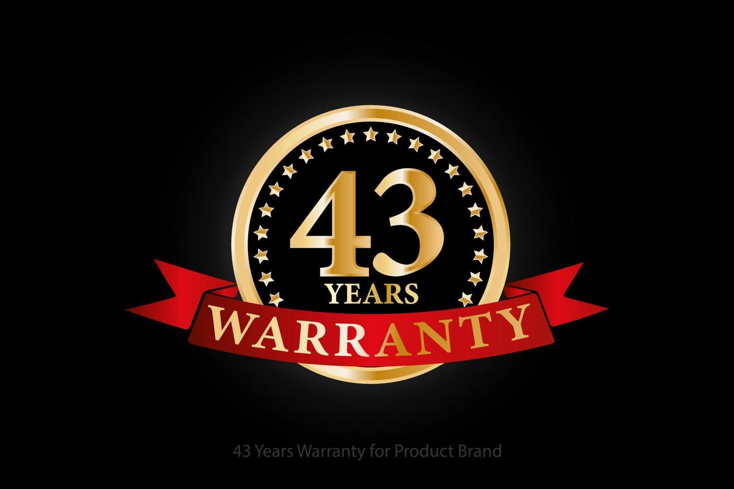 43 years golden warranty logo with ring and red ribbon isolated on black background, vector design for product warranty, guarantee, service, corporate, and your business.