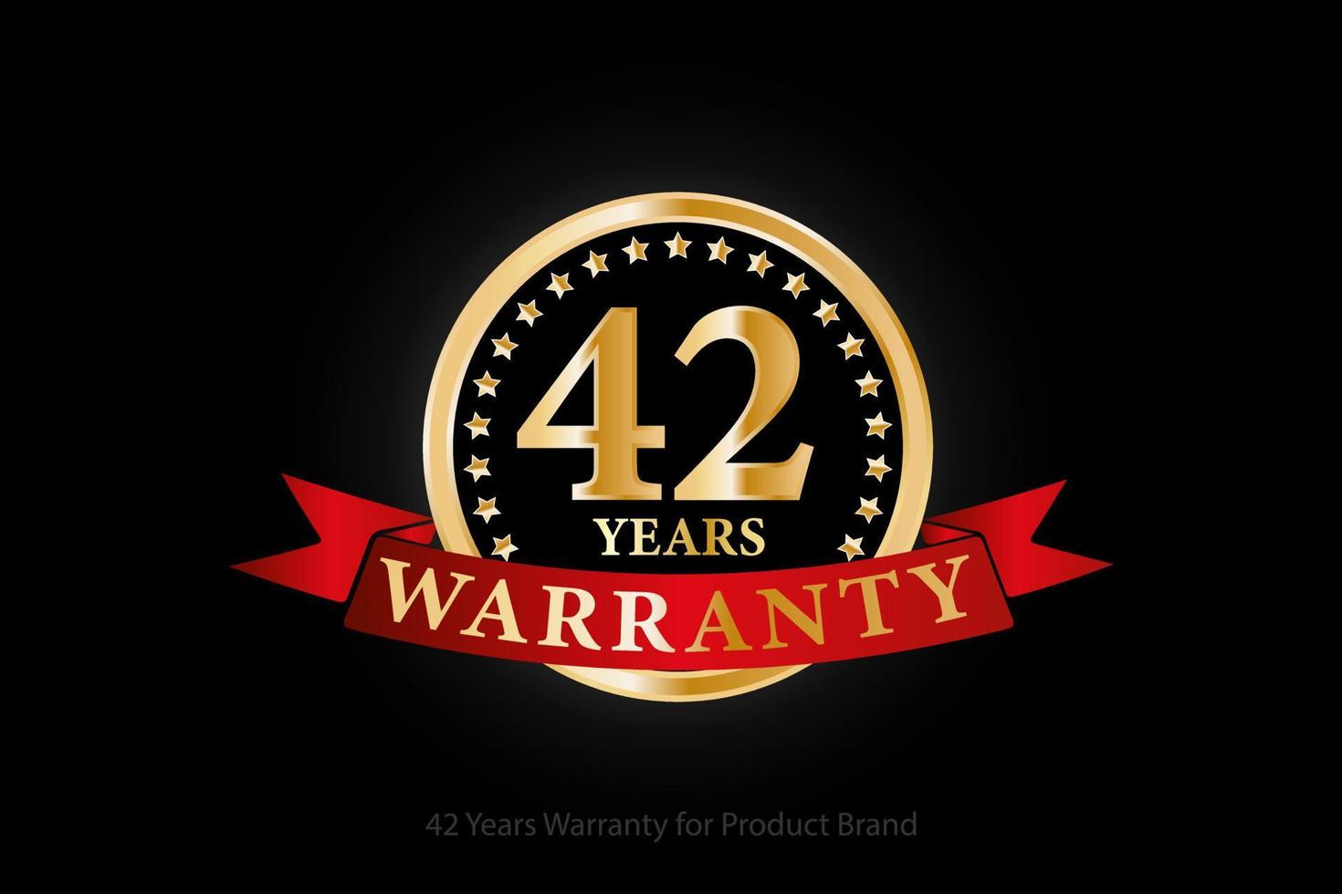 42 years golden warranty logo with ring and red ribbon isolated on black background, vector design for product warranty, guarantee, service, corporate, and your business.