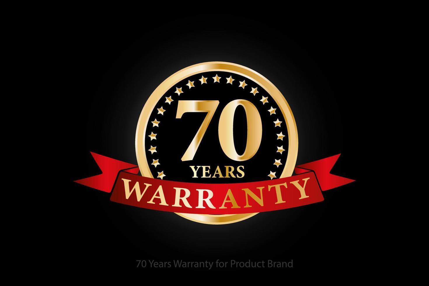 Logotipo de garantía dorada de 70 años con anillo y cinta roja aislado en fondo negro, diseño vectorial para garantía de producto, garantía, servicio, empresa y su negocio. vector