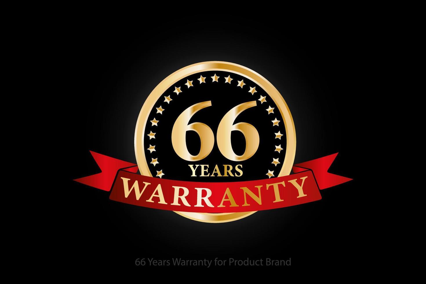 66 years golden warranty logo with ring and red ribbon isolated on black background, vector design for product warranty, guarantee, service, corporate, and your business.