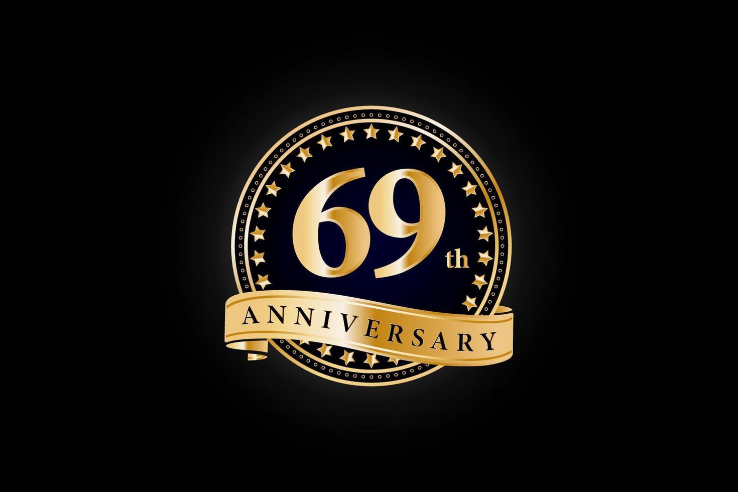 69th Anniversary golden gold logo with ring and gold ribbon isolated on black background, vector design for celebration.