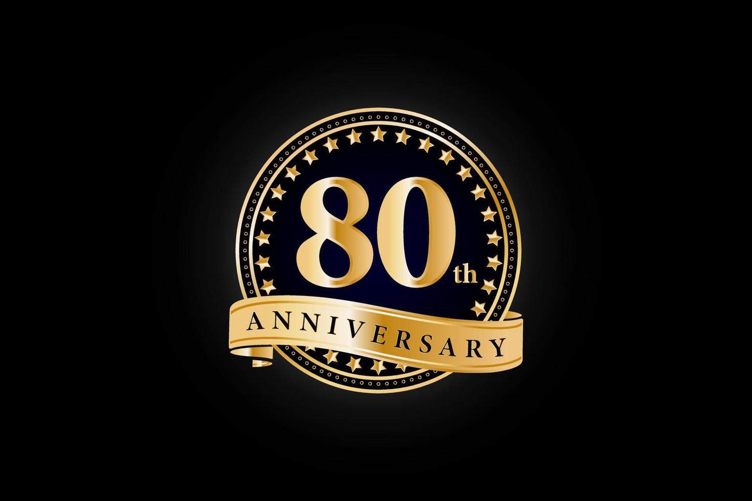80th Anniversary golden gold logo with ring and gold ribbon isolated on black background, vector design for celebration.