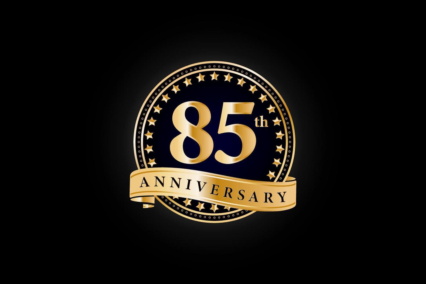 85th Anniversary golden gold logo with ring and gold ribbon isolated on black background, vector design for celebration.
