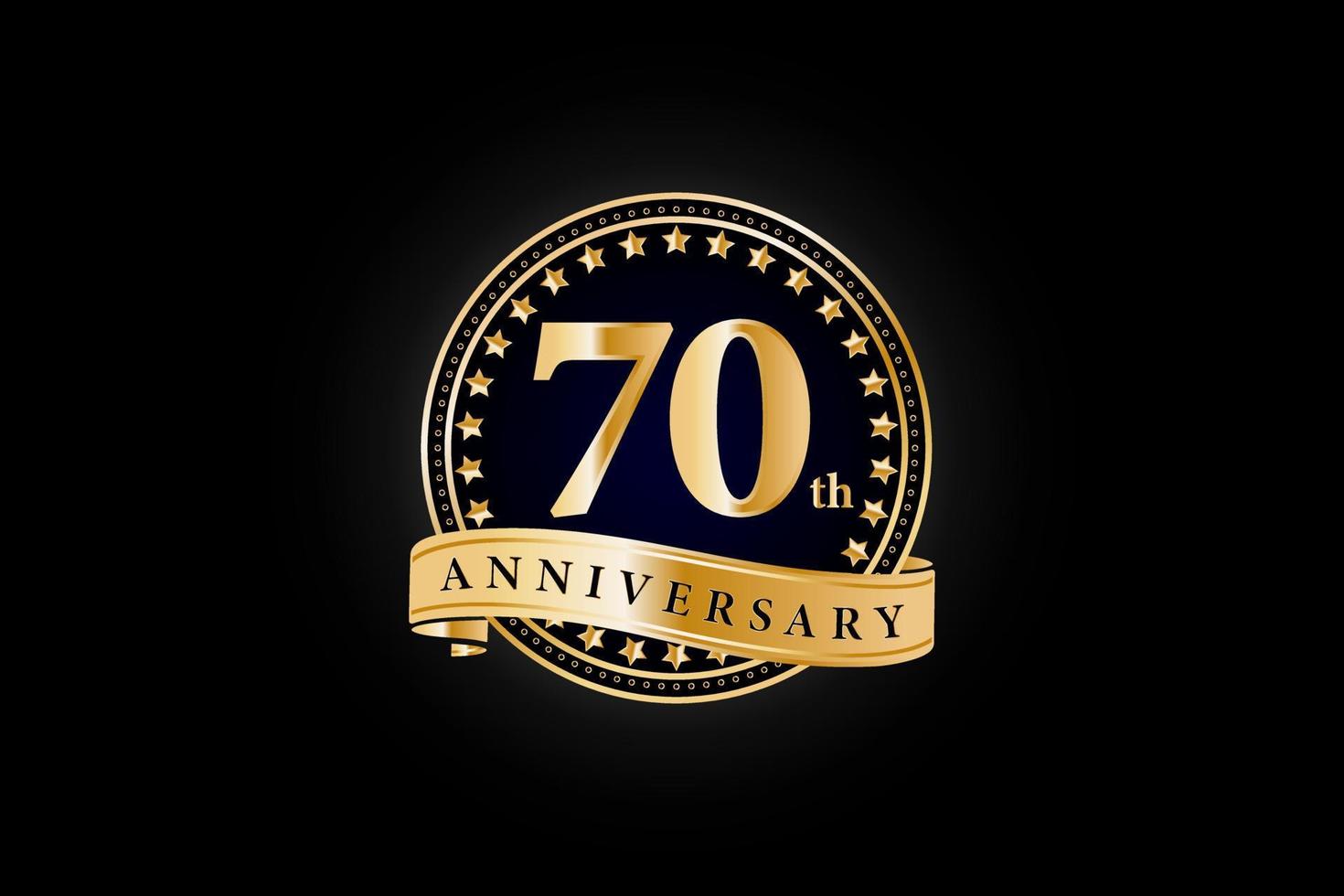 70th Anniversary golden gold logo with ring and gold ribbon isolated on black background, vector design for celebration.