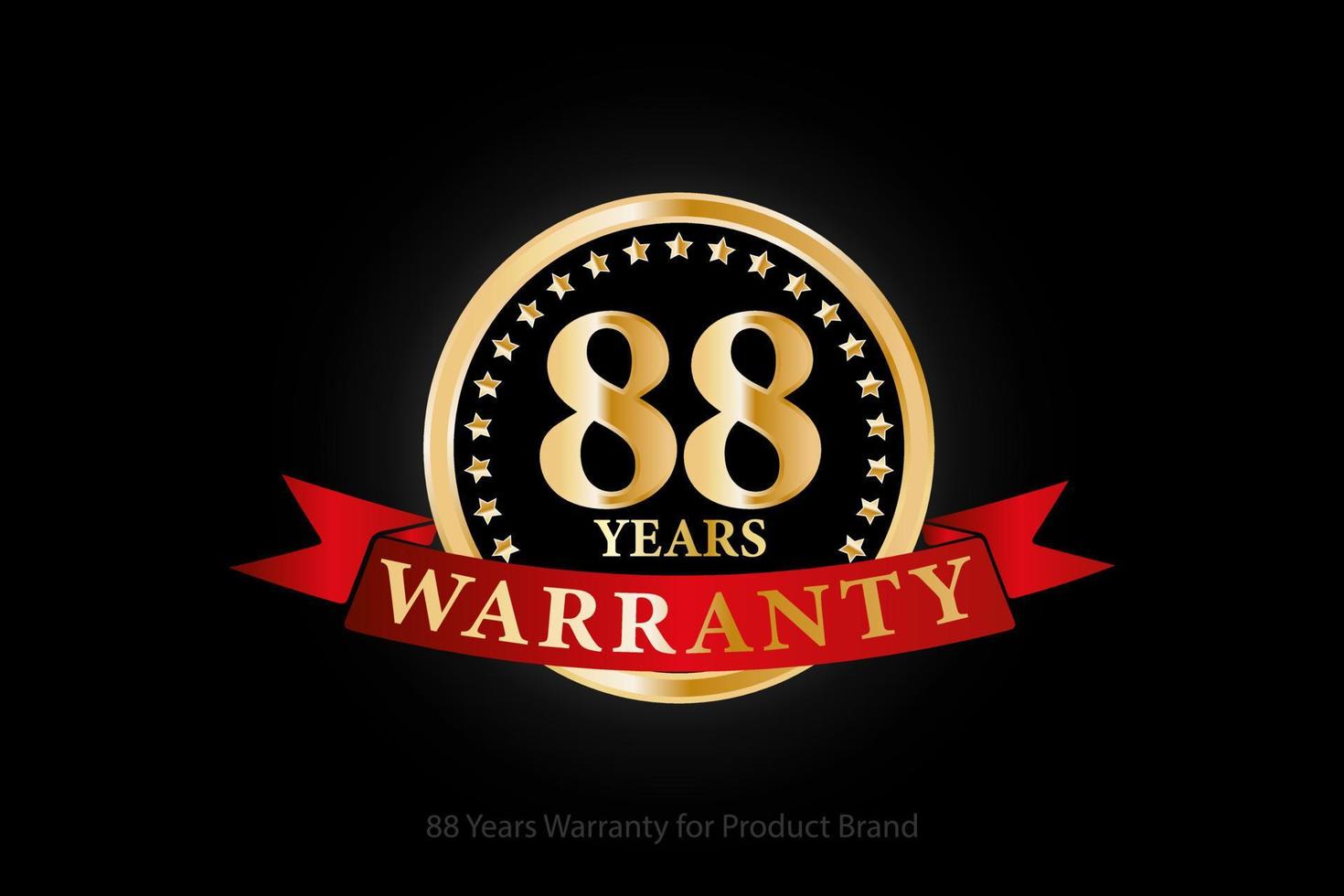 88 years warranty golden logo with ring and red ribbon isolated on black background, vector design for product warranty, guarantee, service, corporate, and your business.