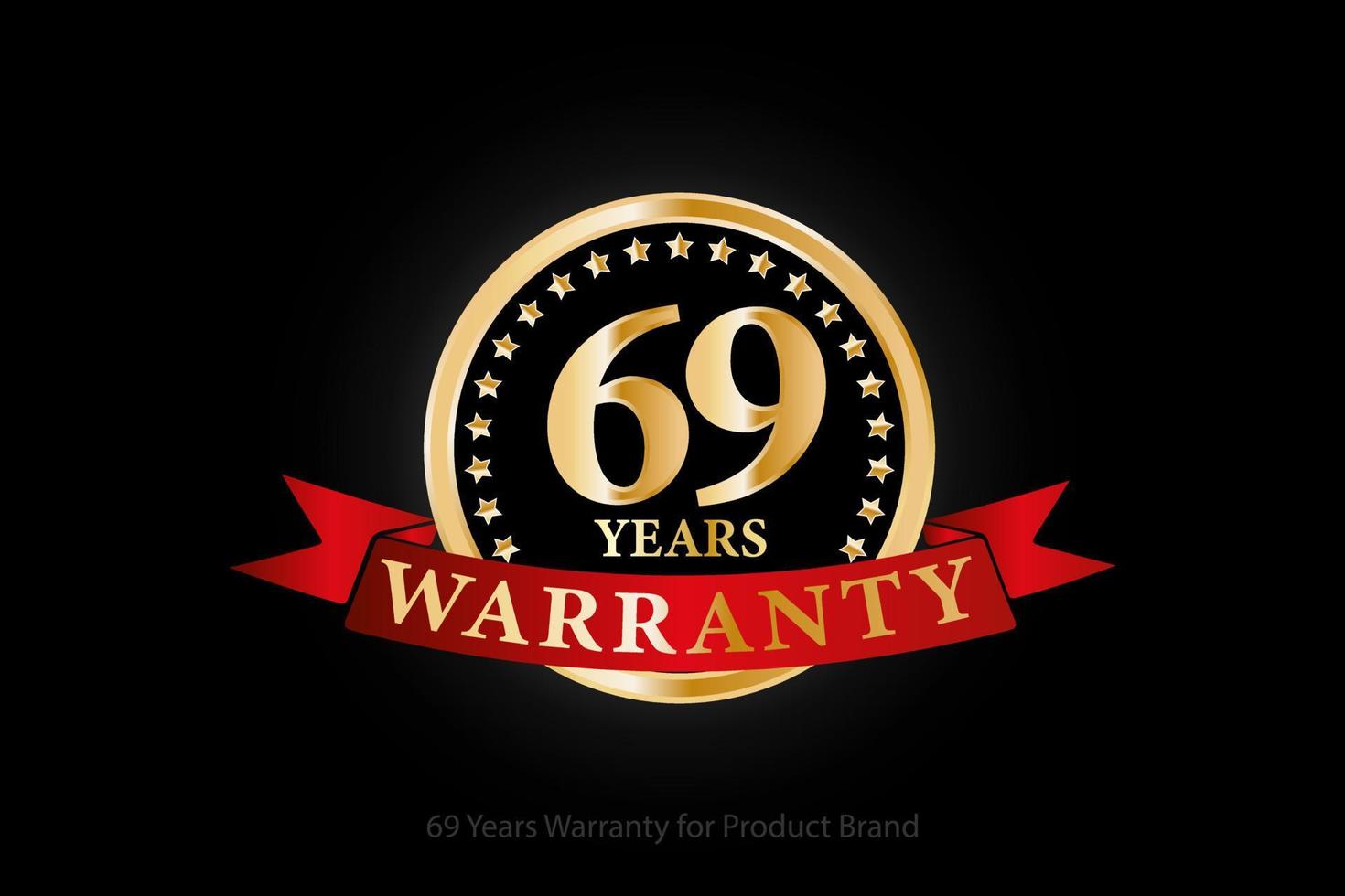 69 years golden warranty logo with ring and red ribbon isolated on black background, vector design for product warranty, guarantee, service, corporate, and your business.