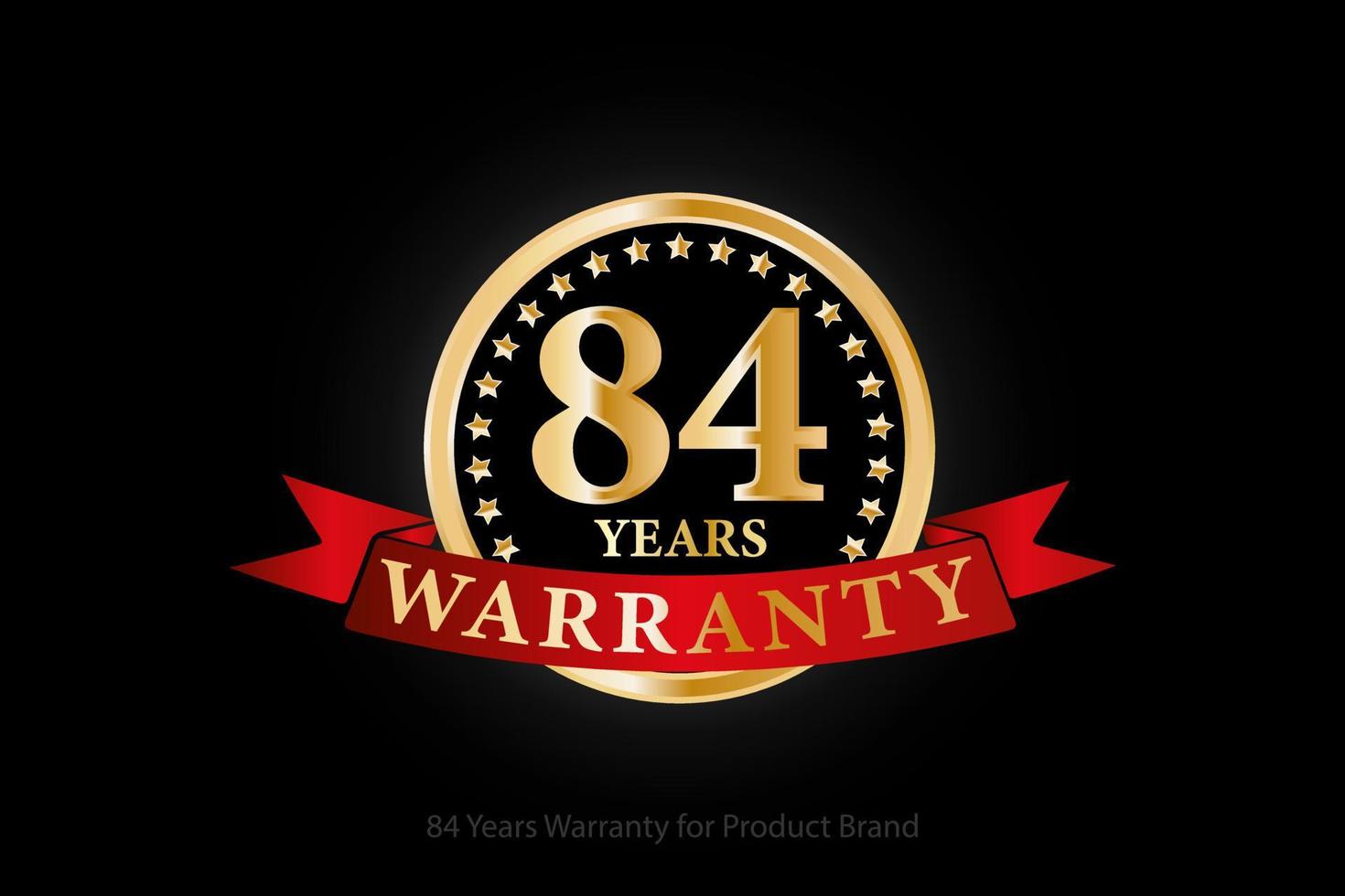 84 years warranty golden logo with ring and red ribbon isolated on black background, vector design for product warranty, guarantee, service, corporate, and your business.