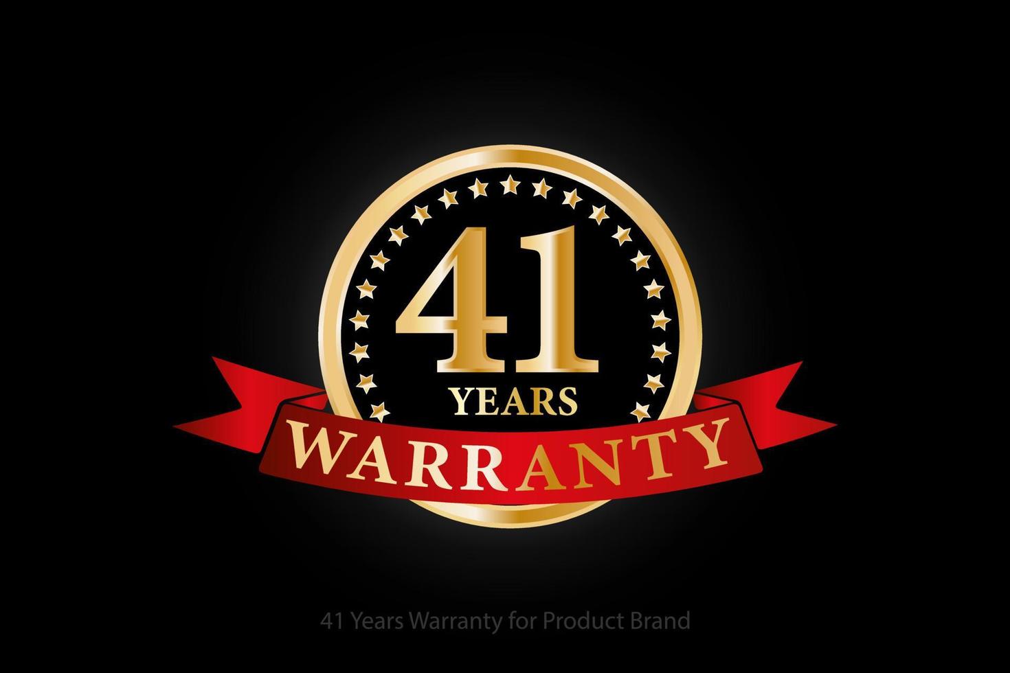 41 years golden warranty logo with ring and red ribbon isolated on black background, vector design for product warranty, guarantee, service, corporate, and your business.