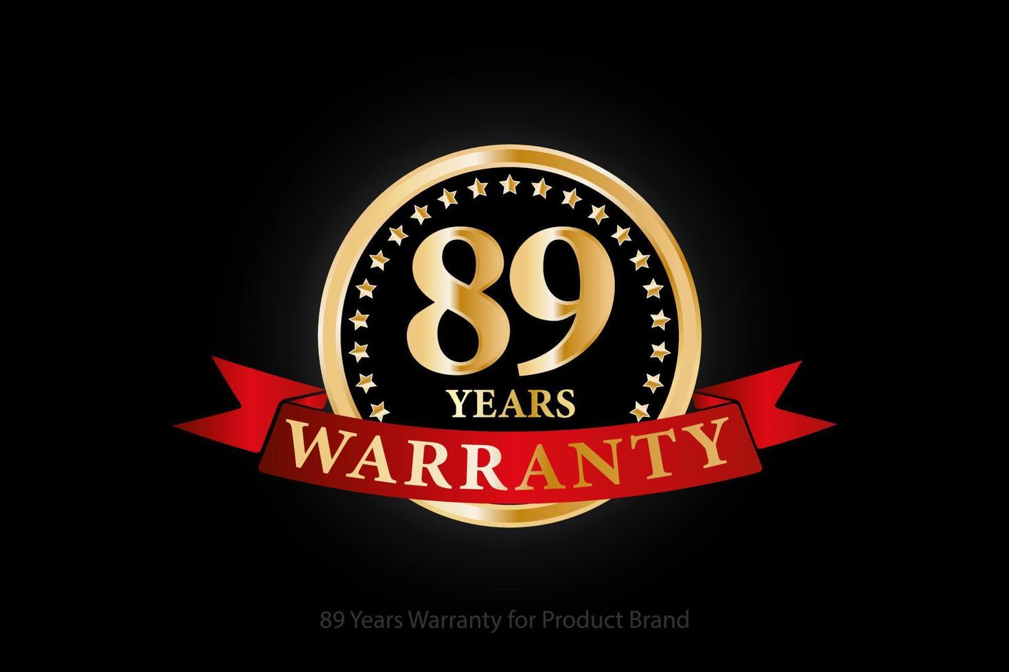 89 years warranty golden logo with ring and red ribbon isolated on black background, vector design for product warranty, guarantee, service, corporate, and your business.