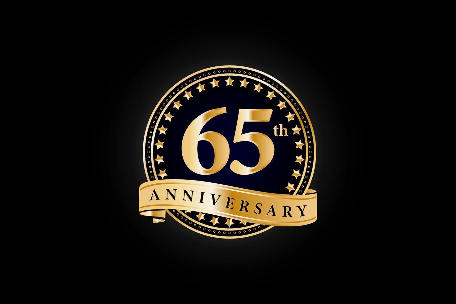 65th Anniversary golden gold logo with ring and gold ribbon isolated on black background, vector design for celebration.