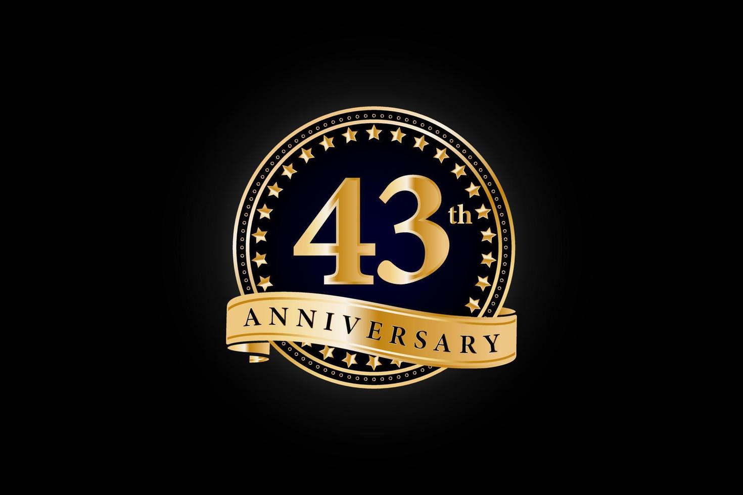 43th Anniversary golden gold logo with ring and gold ribbon isolated on black background, vector design for celebration.
