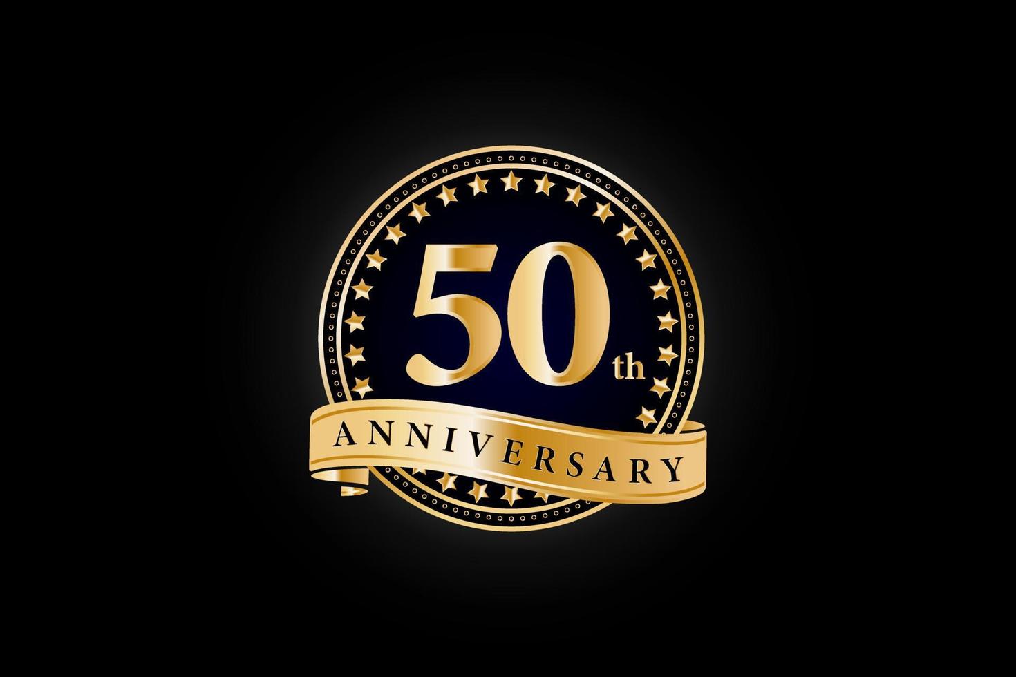 50th Anniversary golden gold logo with ring and gold ribbon isolated on black background, vector design for celebration.