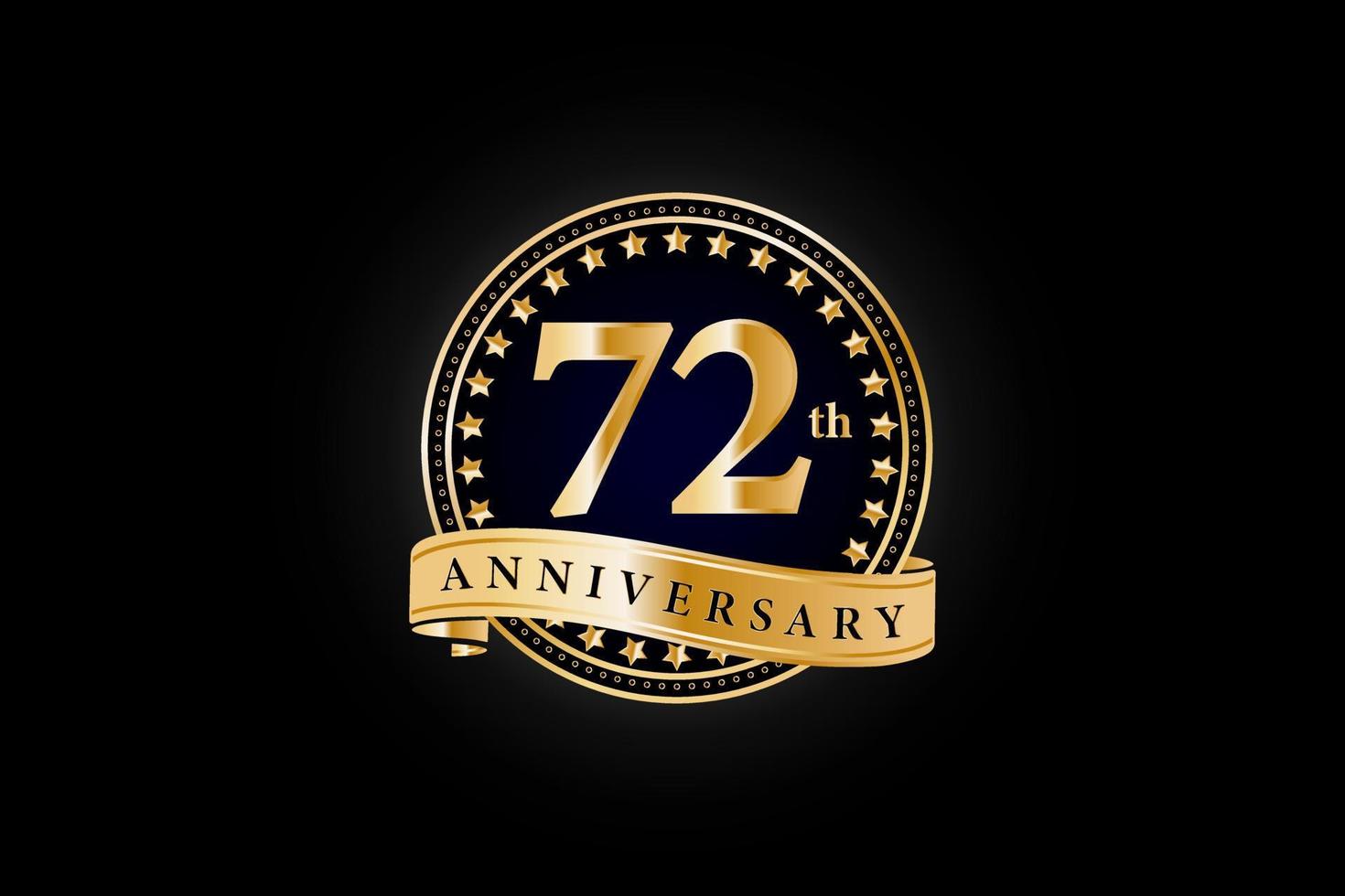 72th Anniversary golden gold logo with ring and gold ribbon isolated on black background, vector design for celebration.
