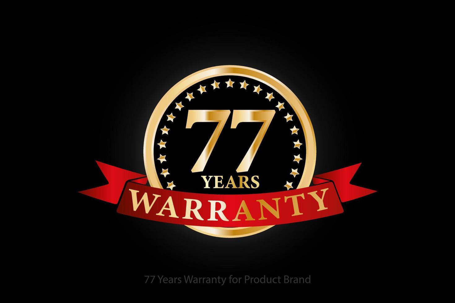 77 years warranty golden logo with ring and red ribbon isolated on black background, vector design for product warranty, guarantee, service, corporate, and your business.