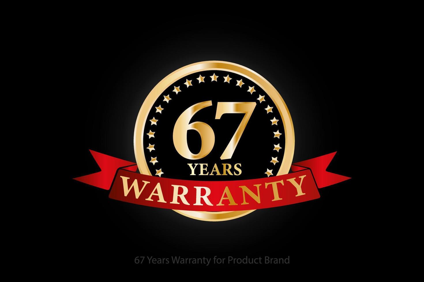 67 years golden warranty logo with ring and red ribbon isolated on black background, vector design for product warranty, guarantee, service, corporate, and your business.