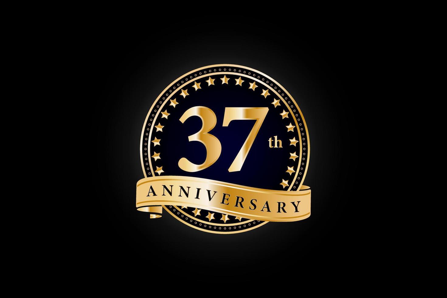 37th Anniversary golden gold logo with ring and gold ribbon isolated on black background, vector design for celebration.