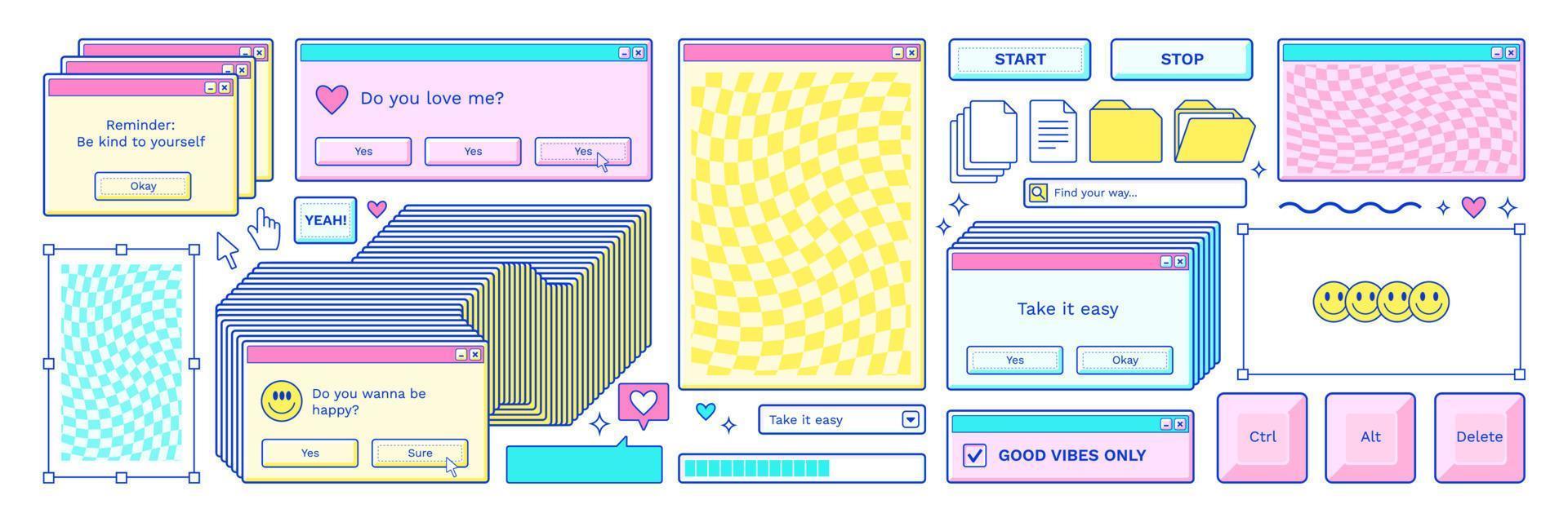Old computer aestethic. Retro pc elements, user interface, windows, icons in trendy y2k retro style. vector