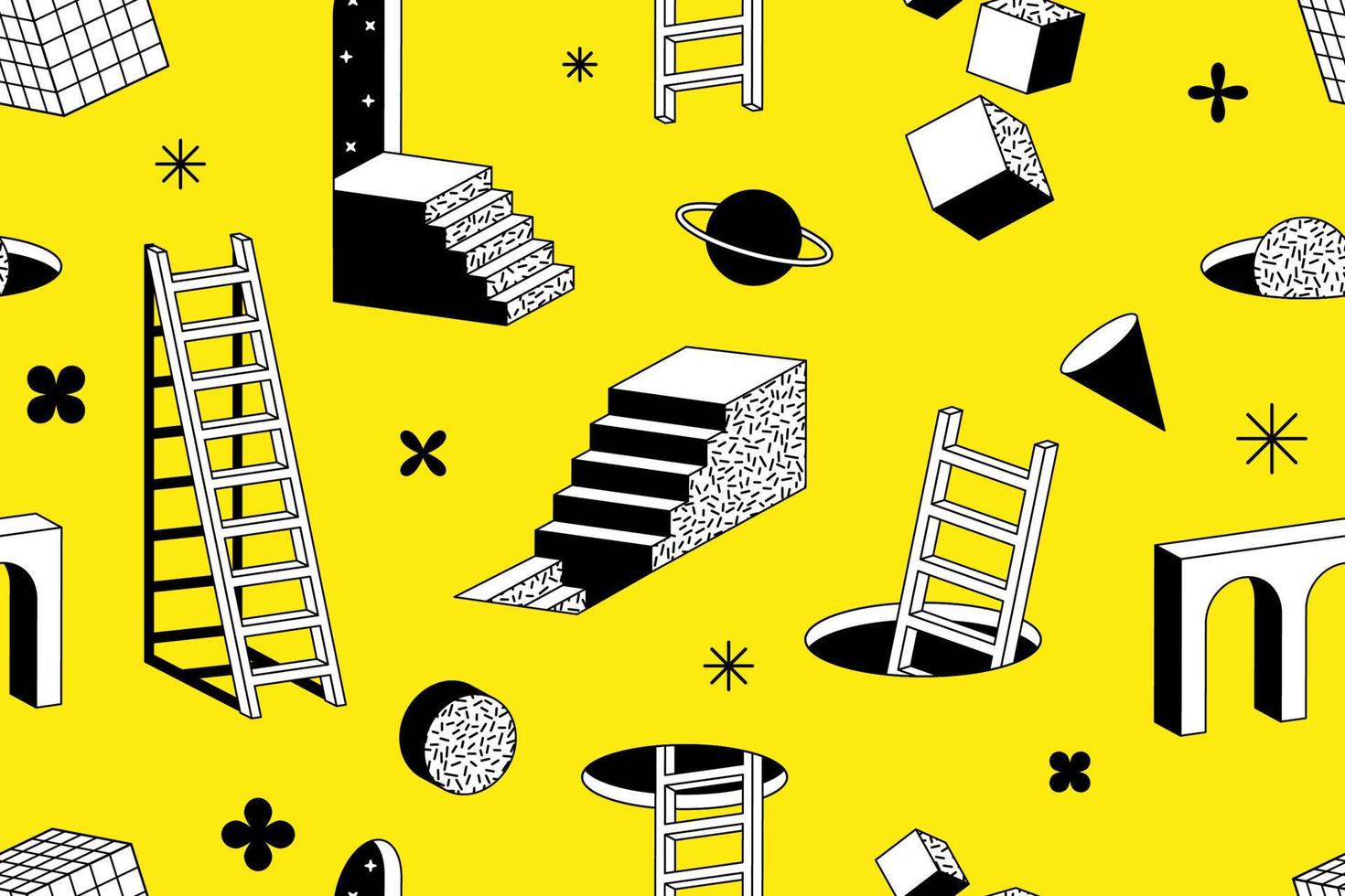 Surreal geometric shapes. Abstract vector elements and signs in trendy minimal outline style. Arch, stairs, column etc.