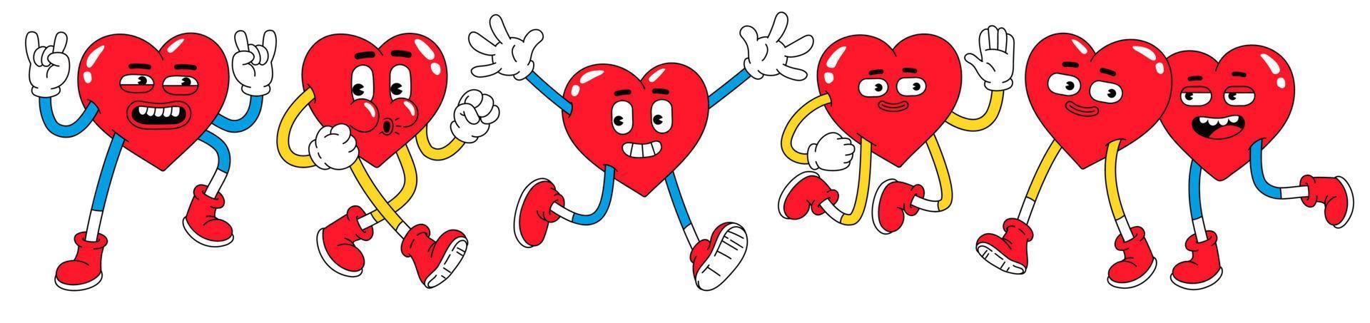 Hearts funny characters. Valentines day illustrations in trendy retro cartoon style. Love concept. vector