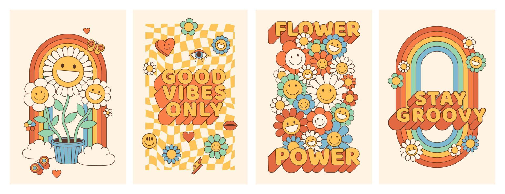 Groovy hippie 70s posters with flower, rainbow, love in trendy retro psychedelic cartoon style. vector