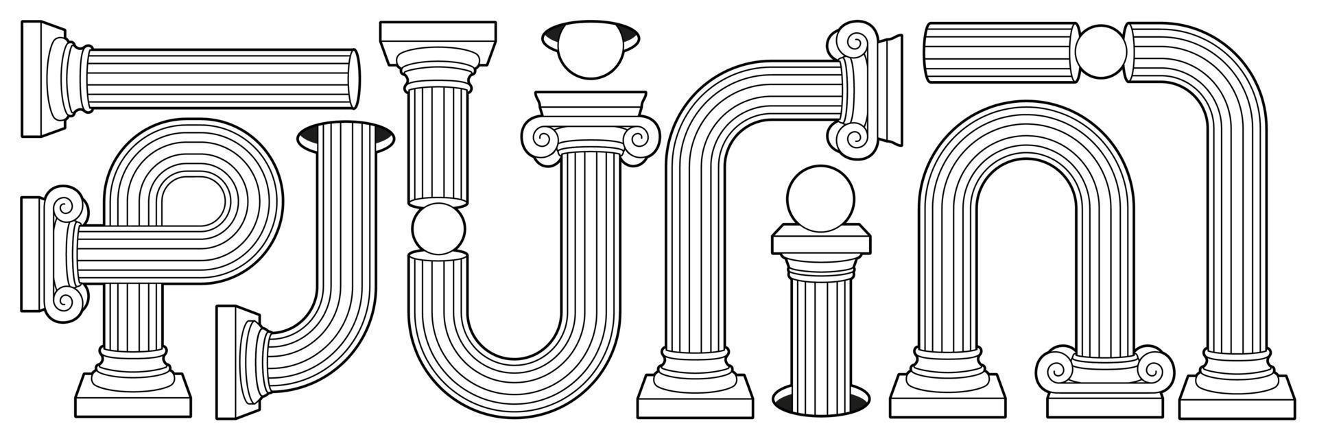 Greek ancient column, pillar, pedestal in outline contemporary style. Black and white colors. vector